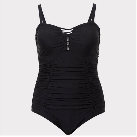 🆕 Torrid Slim Fix Wireless Lattice Front One Piece All Black Swimsuit Sz2Xl - Picture 2 of 11